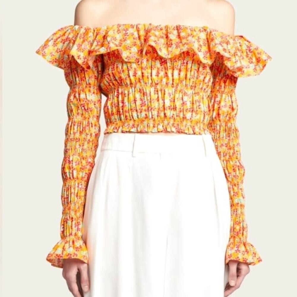 Caroline Constas Lydia crop top size small orange floral long sleeve smocked